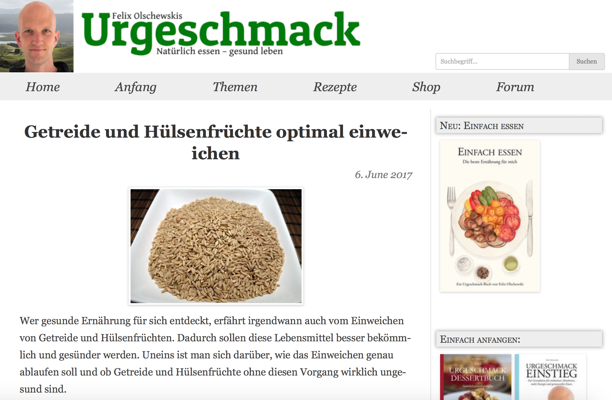 Urgeschmack, die Website von Felix Olschewski rund um das Thema Paleo-Ernährung. Screenshot: Urgeschmack.de