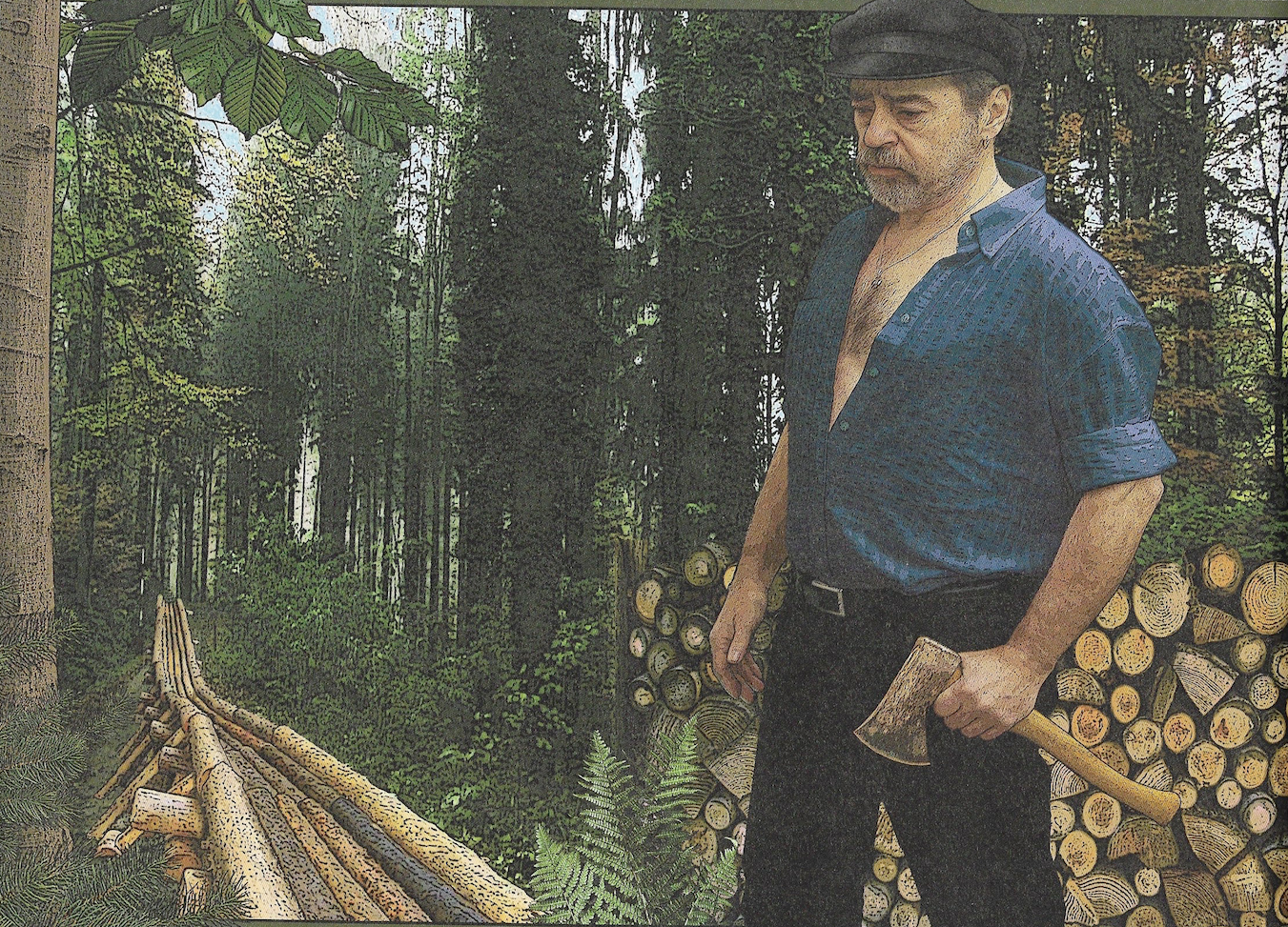 Paul Sachse als Holzfäller. In seinen digital überarbeiteten Fotocollagen verdeutlicht er, wie herzlos Menschen mit ihrer Umwelt umgehen. 